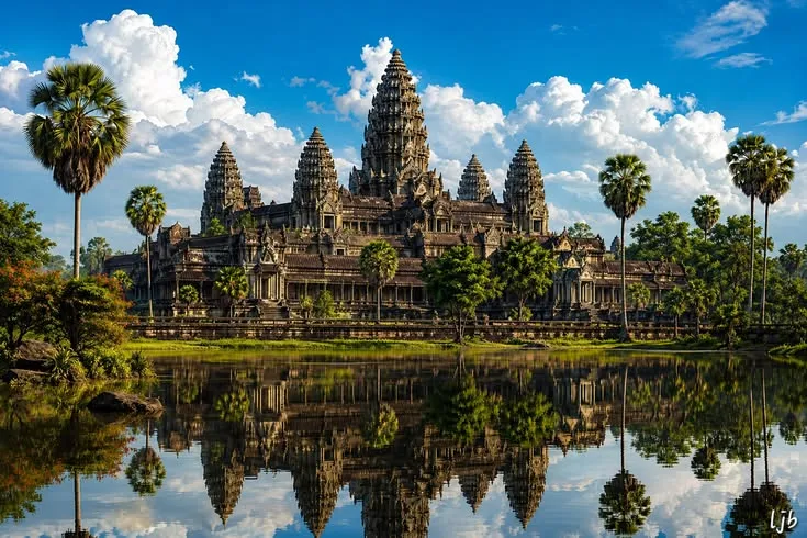 Angkor Wat reflected in a lake under palm trees