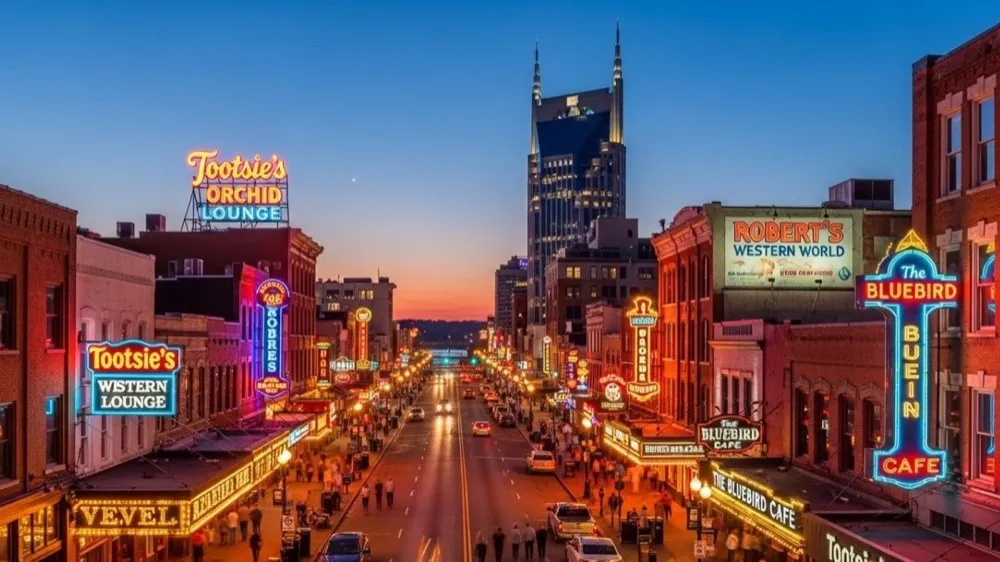 Neon bar signs along Broadway in Nashville